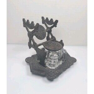 Victorian Eastlake Cast Iron Lidded Inkwell Glass Cup Dip Pen Holder Desk Tool